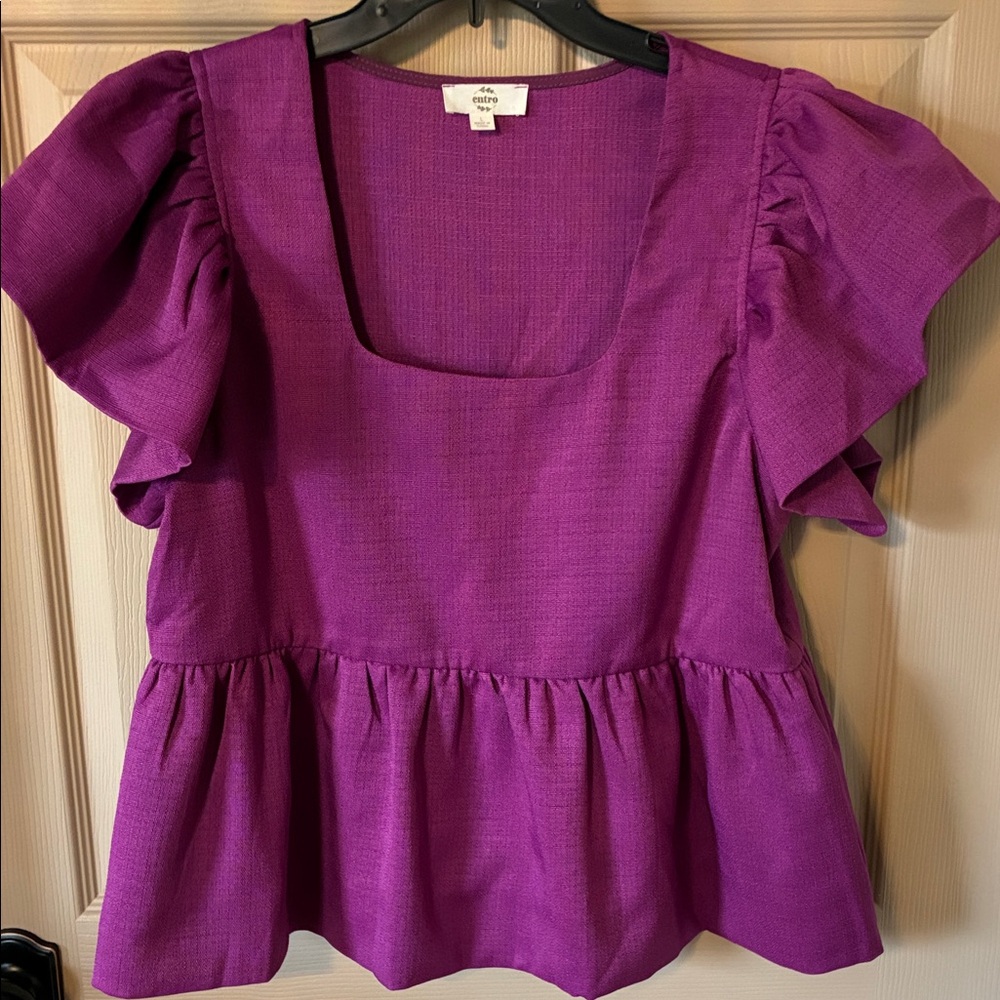 entro Magenta Peplum Square-Neck Blouse with Ruffle Sleeves
